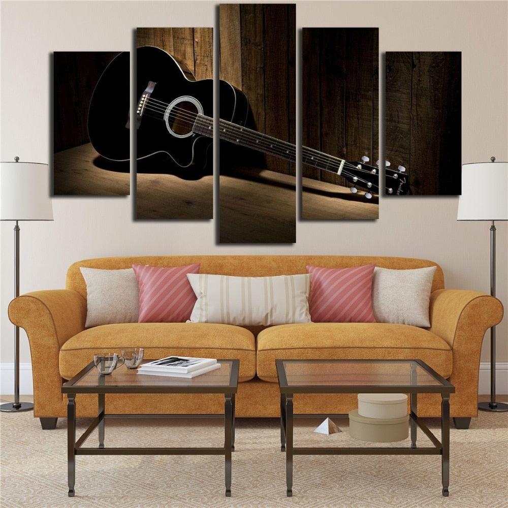 Black Guitar 5 Piece HD Multi Panel Canvas Wall Art Frame - Original Frame