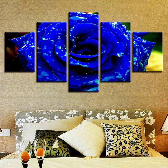 Pretty Blue Rose Flower 5 Piece HD Multi Panel Canvas Wall Art - Original Frame