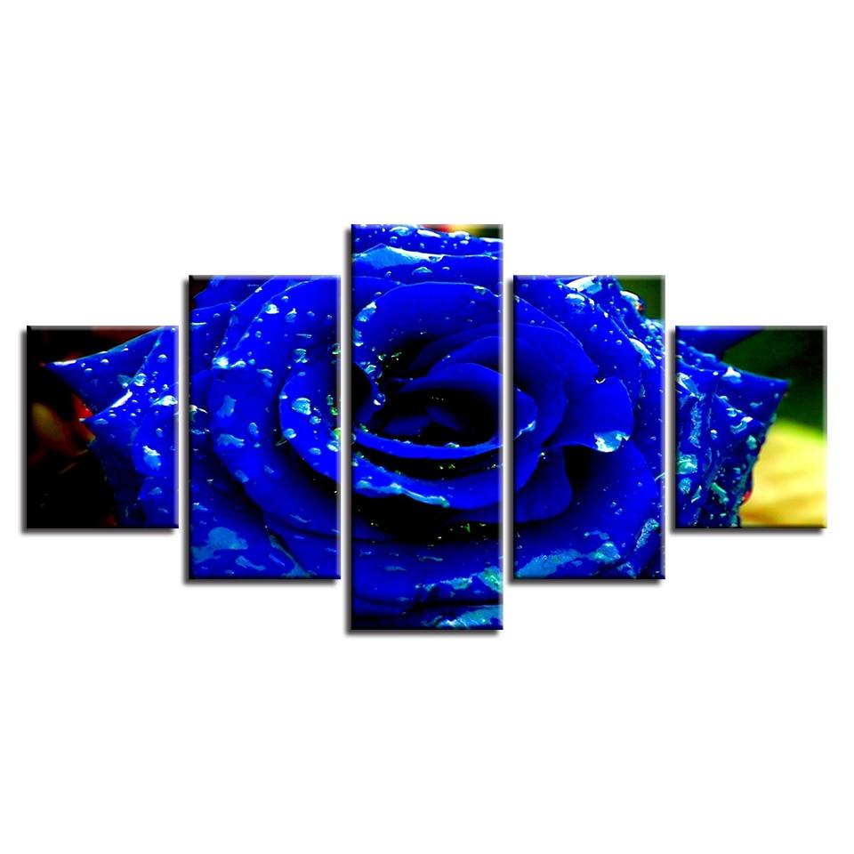 Pretty Blue Rose Flower 5 Piece HD Multi Panel Canvas Wall Art - Original Frame