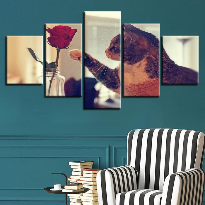 Cat And Red Rose 5 Piece HD Multi Panel Canvas Wall Art Frame - Original Frame