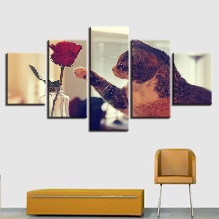 Cat And Red Rose 5 Piece HD Multi Panel Canvas Wall Art Frame - Original Frame