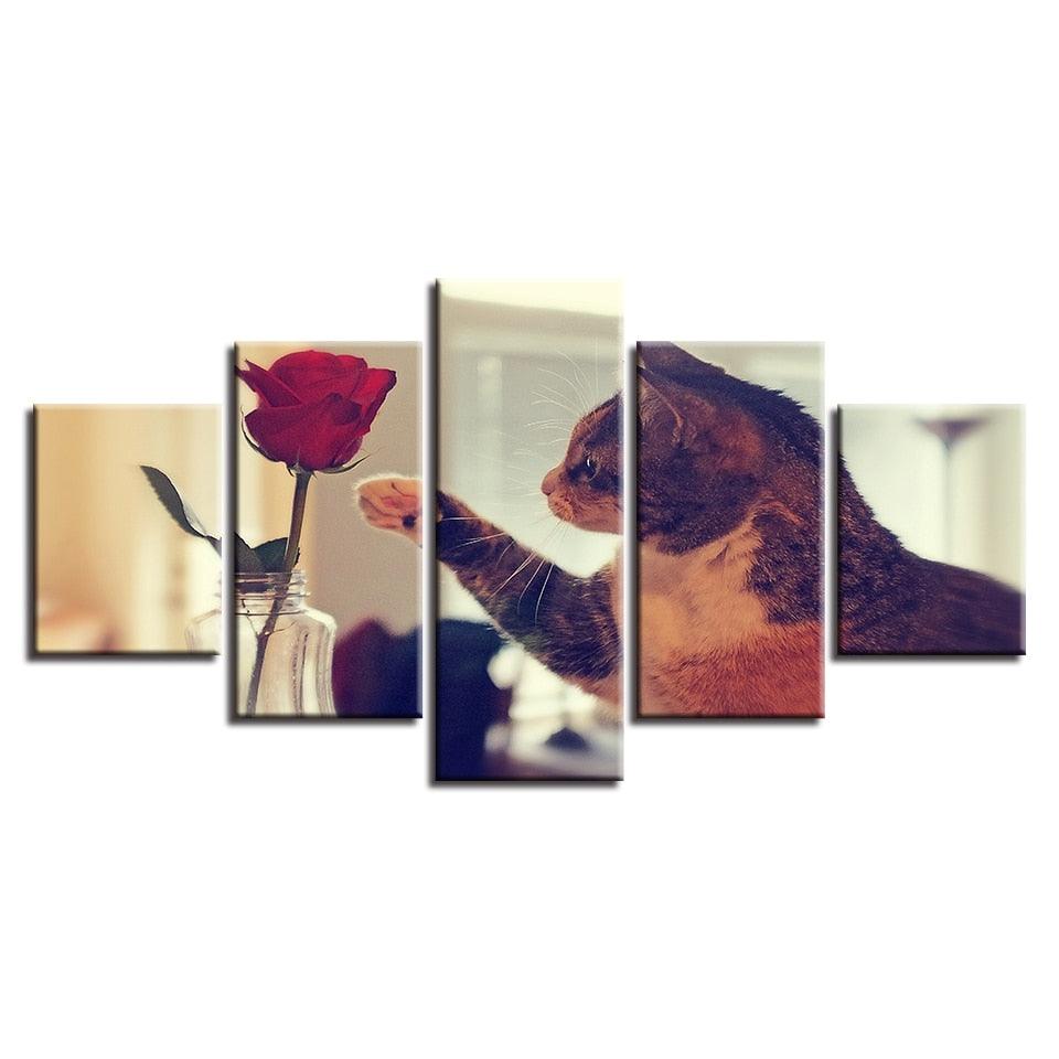 Cat And Red Rose 5 Piece HD Multi Panel Canvas Wall Art Frame - Original Frame