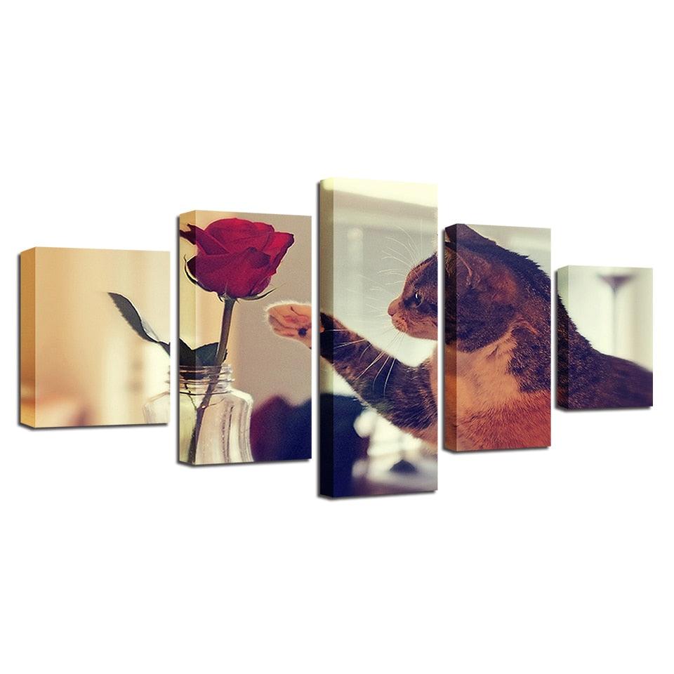 Cat And Red Rose 5 Piece HD Multi Panel Canvas Wall Art Frame - Original Frame