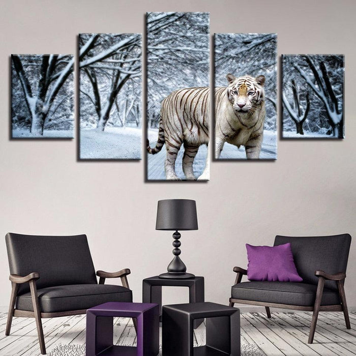 Snow Tiger 5 Piece HD Multi Panel Canvas Wall Art Frame - Original Frame