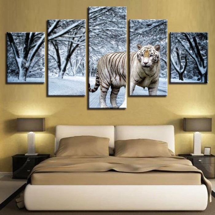 Snow Tiger 5 Piece HD Multi Panel Canvas Wall Art Frame - Original Frame