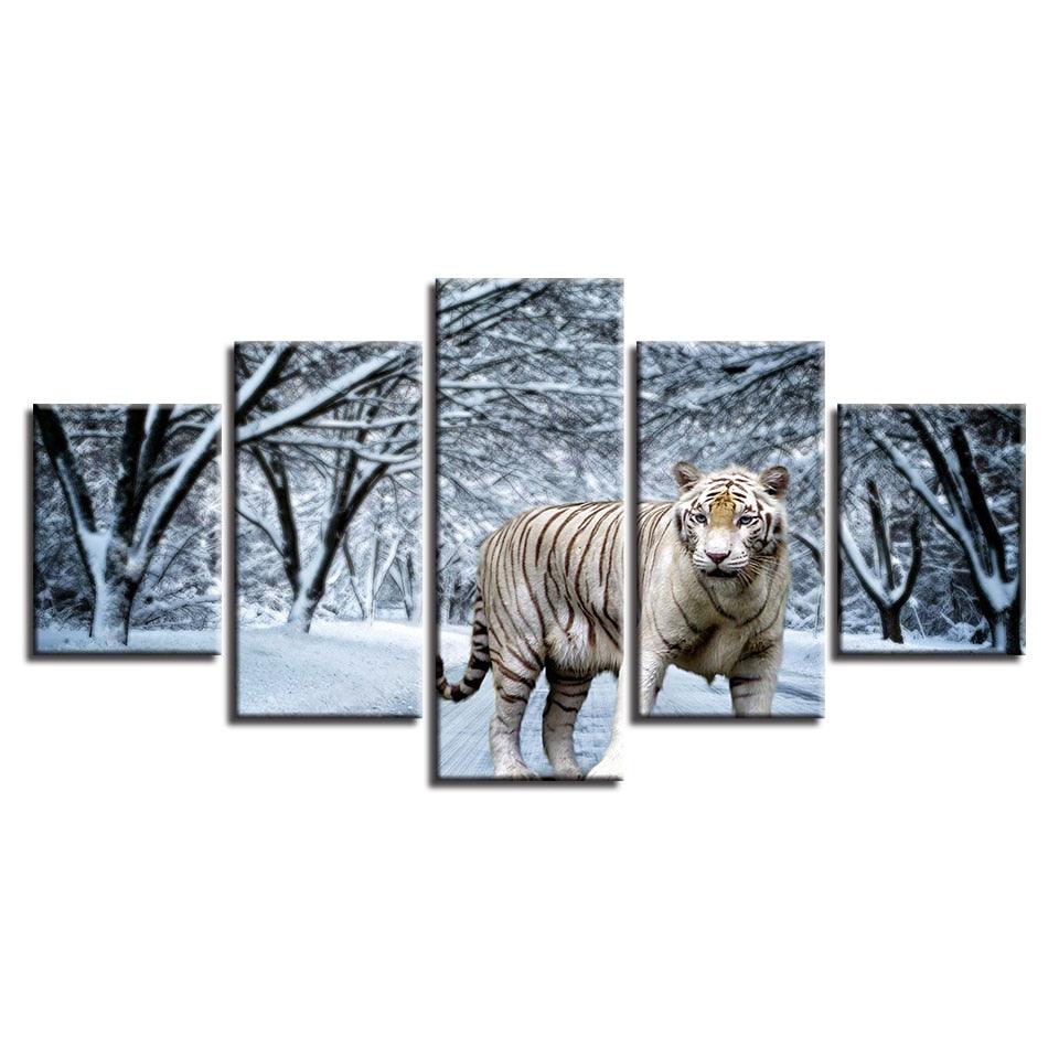 Snow Tiger 5 Piece HD Multi Panel Canvas Wall Art Frame - Original Frame