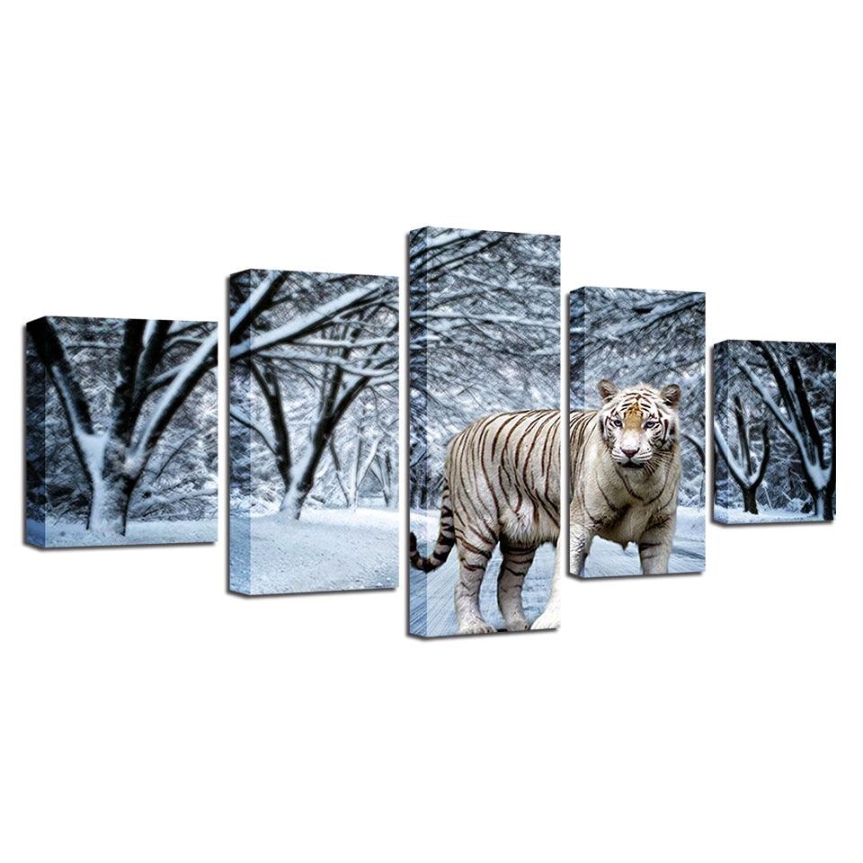 Snow Tiger 5 Piece HD Multi Panel Canvas Wall Art Frame - Original Frame