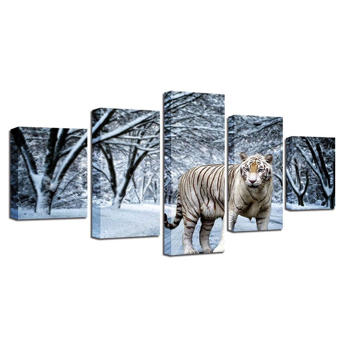 Snow Tiger 5 Piece HD Multi Panel Canvas Wall Art Frame