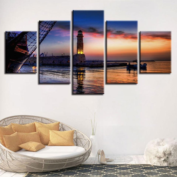 Dusk Lighthouse Lake Boat 5 Piece HD Multi Panel Canvas Wall Art Frame - Original Frame