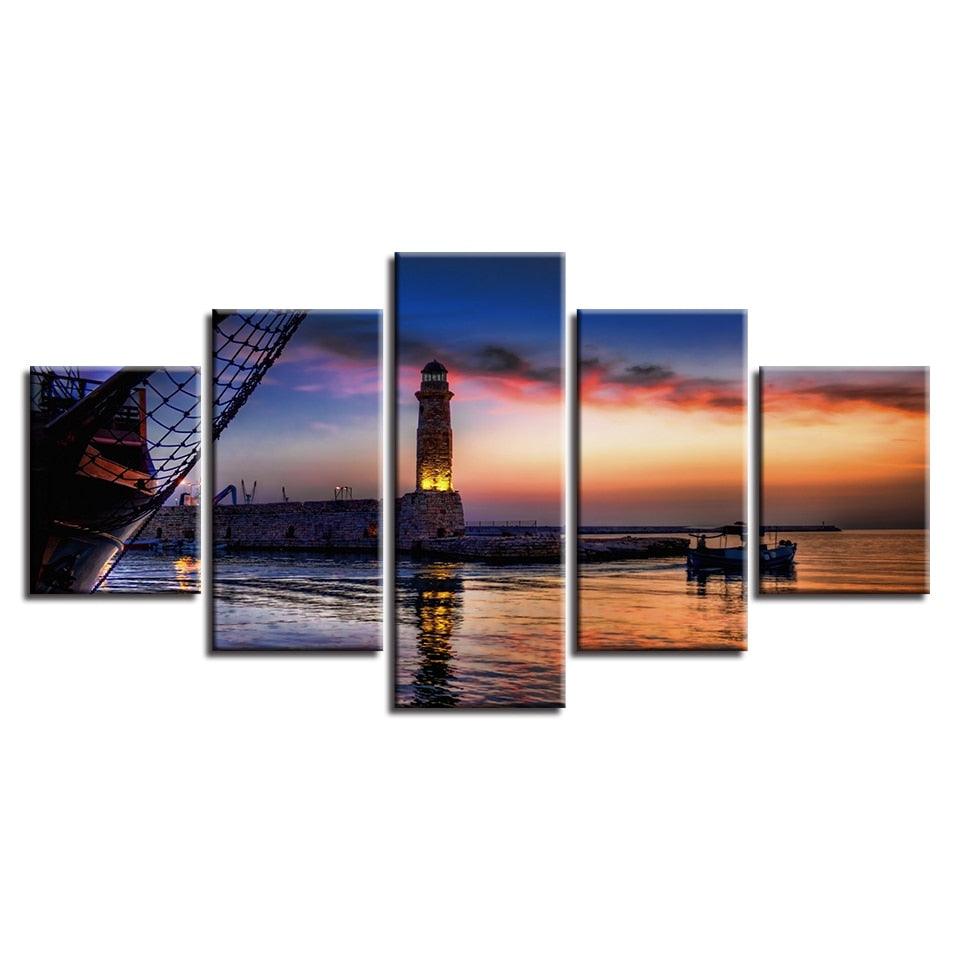 Dusk Lighthouse Lake Boat 5 Piece HD Multi Panel Canvas Wall Art Frame - Original Frame