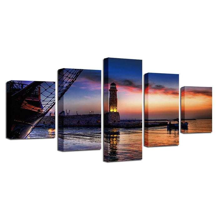 Dusk Lighthouse Lake Boat 5 Piece HD Multi Panel Canvas Wall Art Frame - Original Frame