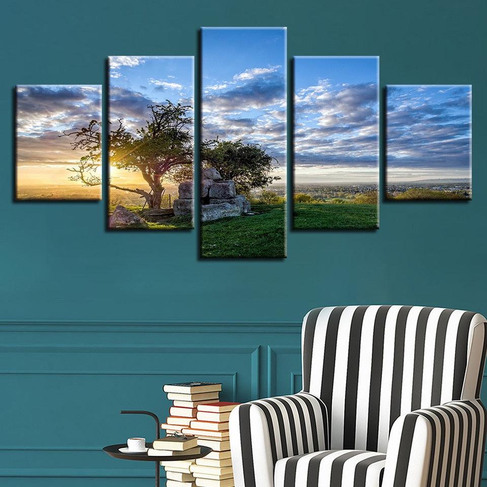 Sunrise Tree 5 Piece HD Multi Panel Canvas Wall Art Frame - Original Frame