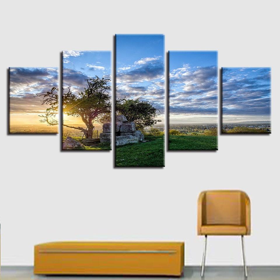Sunrise Tree 5 Piece HD Multi Panel Canvas Wall Art Frame - Original Frame