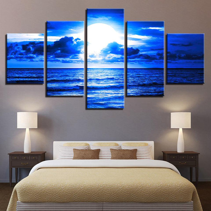 Blue Moonlit Night Paintings 5 Piece HD Multi Panel Canvas Wall Art Frame