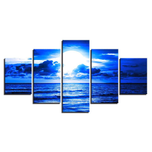 Blue Moonlit Night Paintings 5 Piece HD Multi Panel Canvas Wall Art Frame - Original Frame