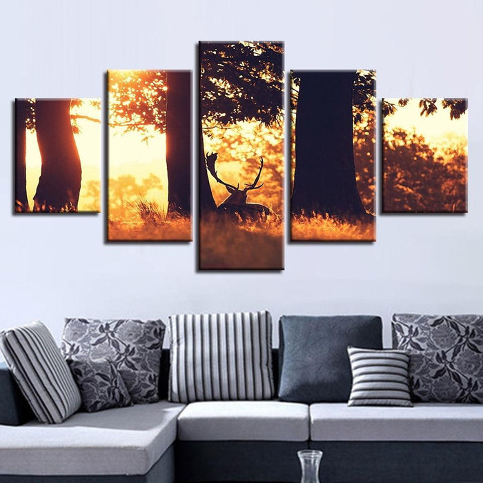 Deer in Summer Forest 5 Piece HD Multi Panel Canvas Wall Art Frame