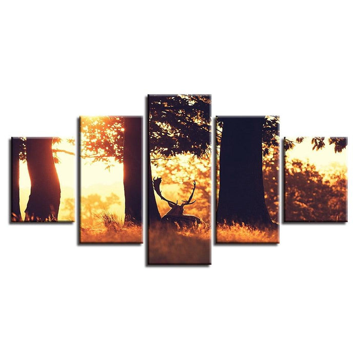 Deer in Summer Forest 5 Piece HD Multi Panel Canvas Wall Art Frame
