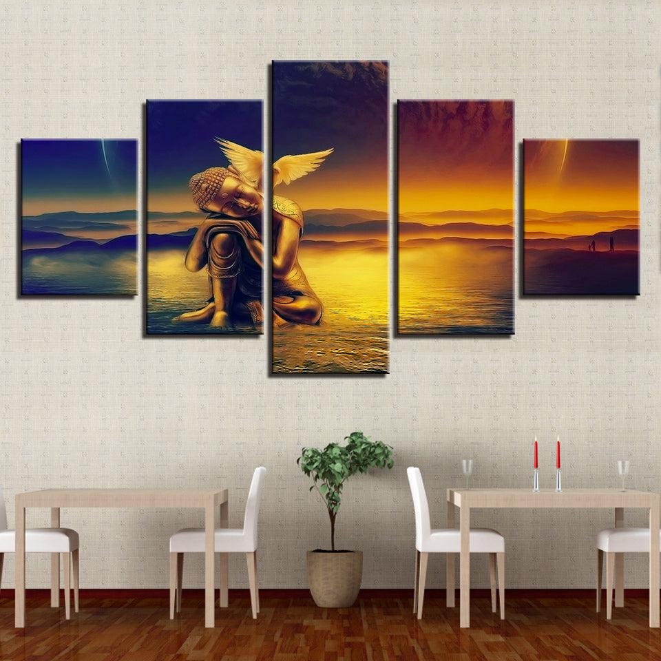 Golden Buddha And Dove 5 Piece HD Multi Panel Canvas Wall Art Frame - Original Frame