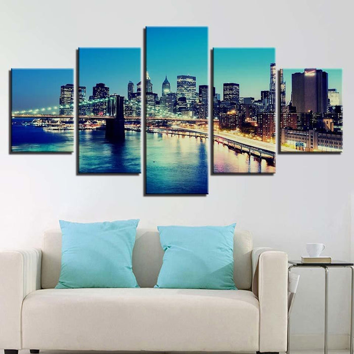 City at Dusk 5 Piece HD Multi Panel Canvas Wall Art Frame - Original Frame