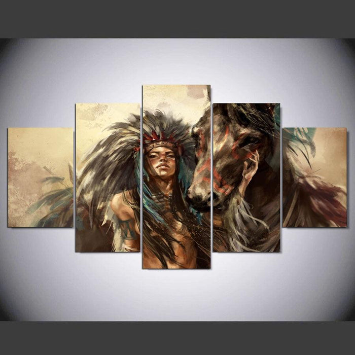 American Indian Girl 5 Piece HD Multi Panel Canvas Wall Art Frame - Original Frame