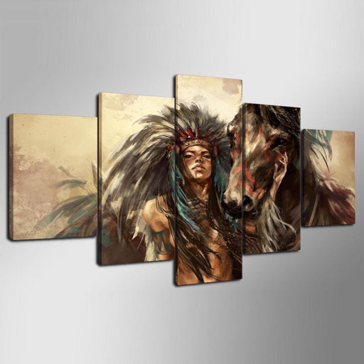 American Indian Girl 5 Piece HD Multi Panel Canvas Wall Art Frame - Original Frame