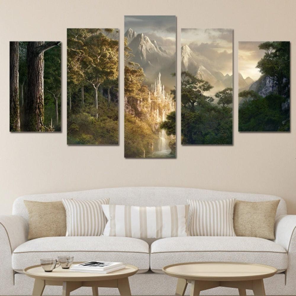 High Mountain Trees Landscape 5 Piece HD Multi Panel Canvas Wall Art Frame - Original Frame