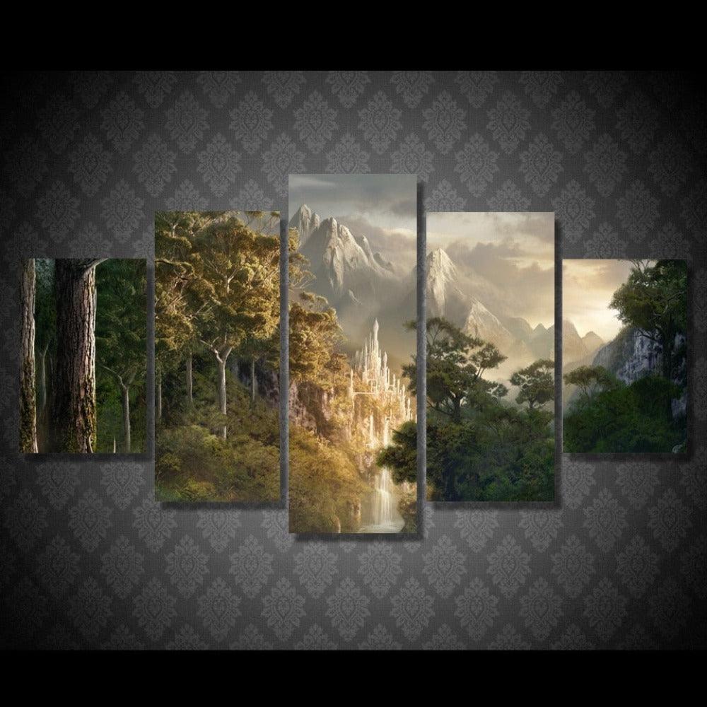 High Mountain Trees Landscape 5 Piece HD Multi Panel Canvas Wall Art Frame - Original Frame