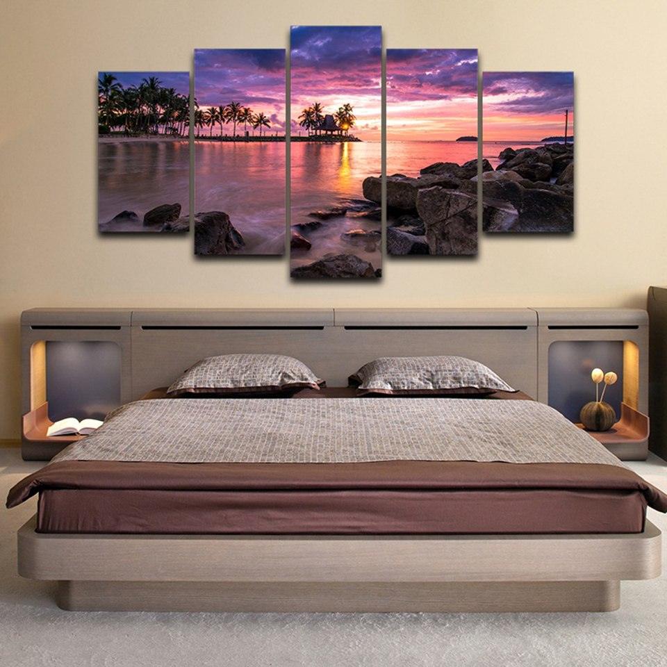 Tropical Beach Sunset 5 Piece HD Multi Panel Canvas Wall Art Frame - Original Frame