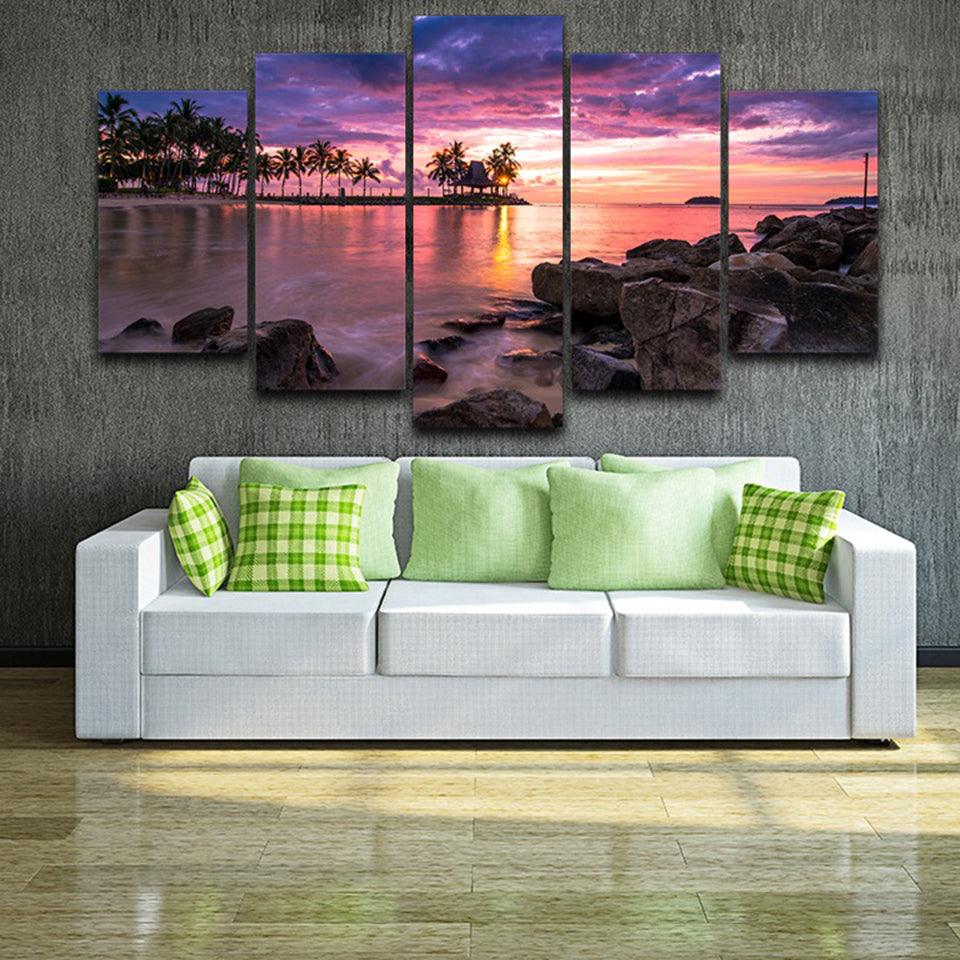 Tropical Beach Sunset 5 Piece HD Multi Panel Canvas Wall Art Frame - Original Frame