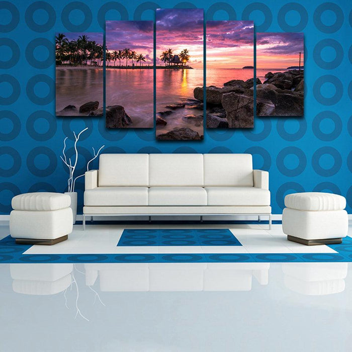 Tropical Beach Sunset 5 Piece HD Multi Panel Canvas Wall Art Frame - Original Frame