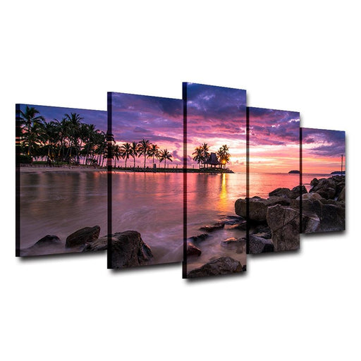 Tropical Beach Sunset 5 Piece HD Multi Panel Canvas Wall Art Frame - Original Frame