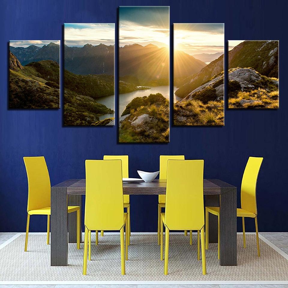 Sunshine Mountains 5 Piece HD Multi Panel Canvas Wall Art Frame - Original Frame