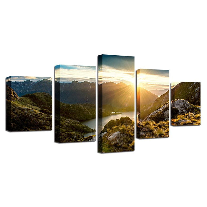 Sunshine Mountains 5 Piece HD Multi Panel Canvas Wall Art Frame - Original Frame