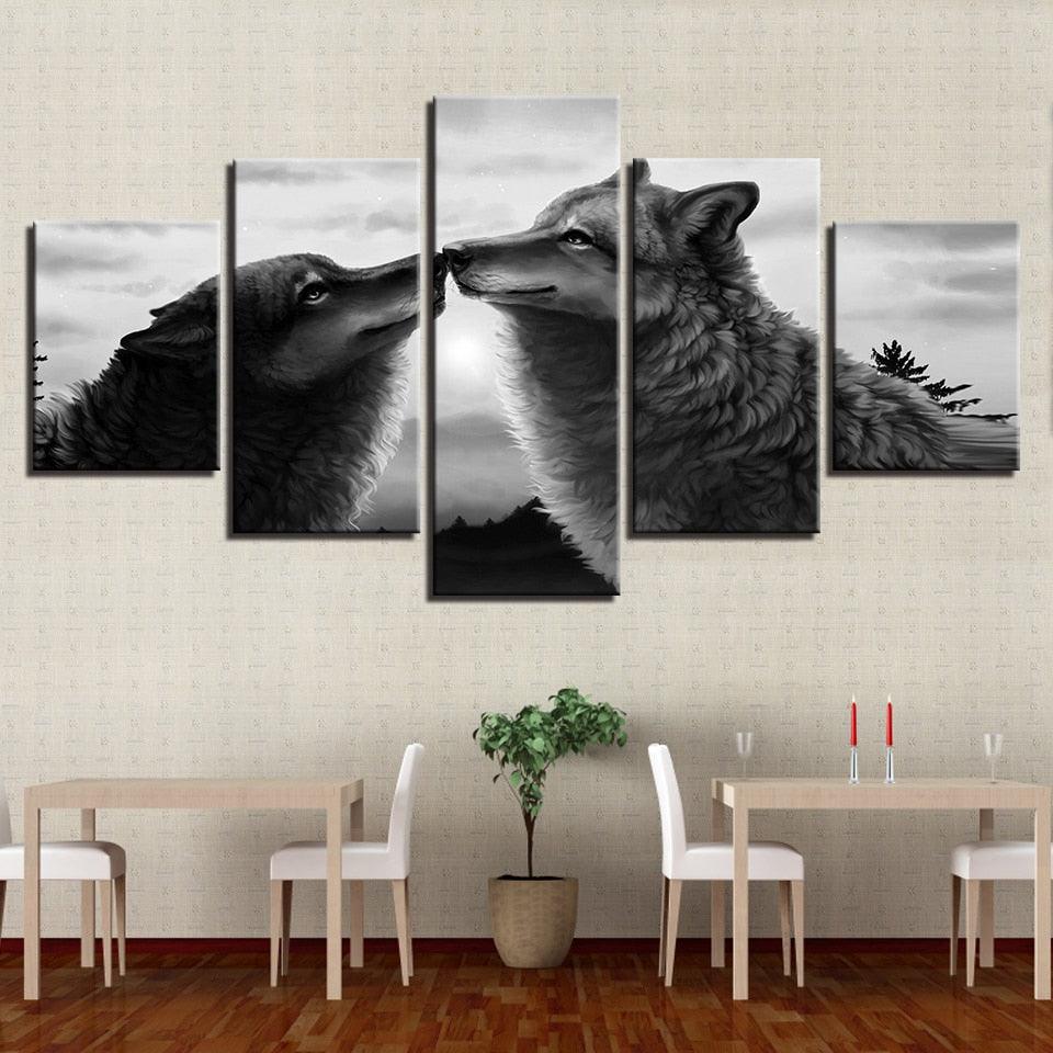 Black Wolves 5 Piece HD Multi Panel Canvas Wall Art Frame - Original Frame
