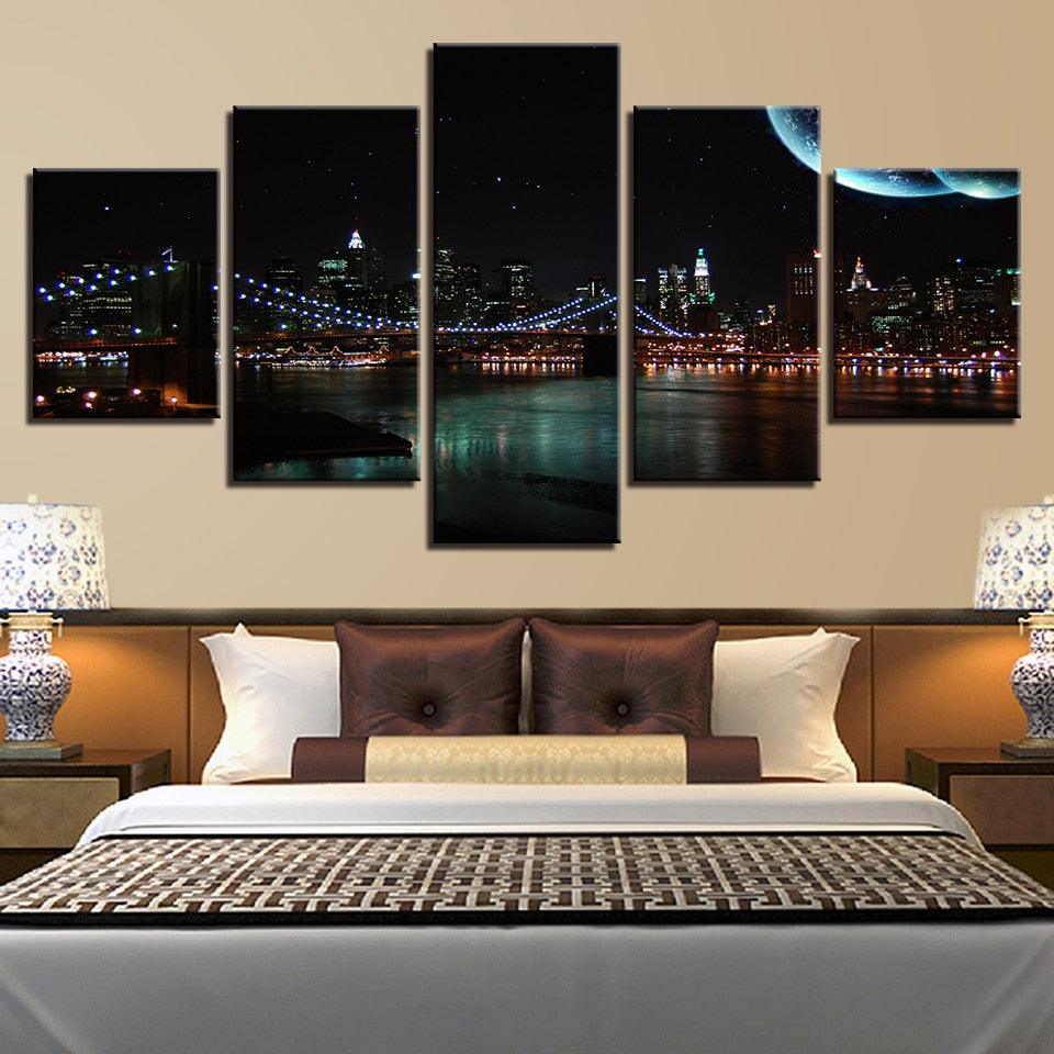 Brooklyn Bridge City Night 5 Piece HD Multi Panel Canvas Wall Art Frame - Original Frame