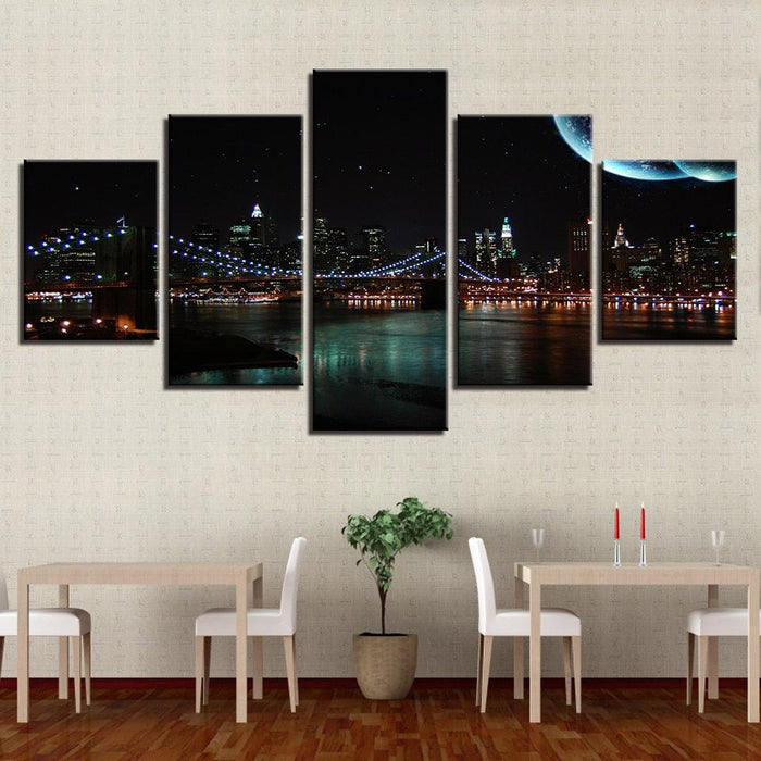 Brooklyn Bridge City Night 5 Piece HD Multi Panel Canvas Wall Art Frame - Original Frame