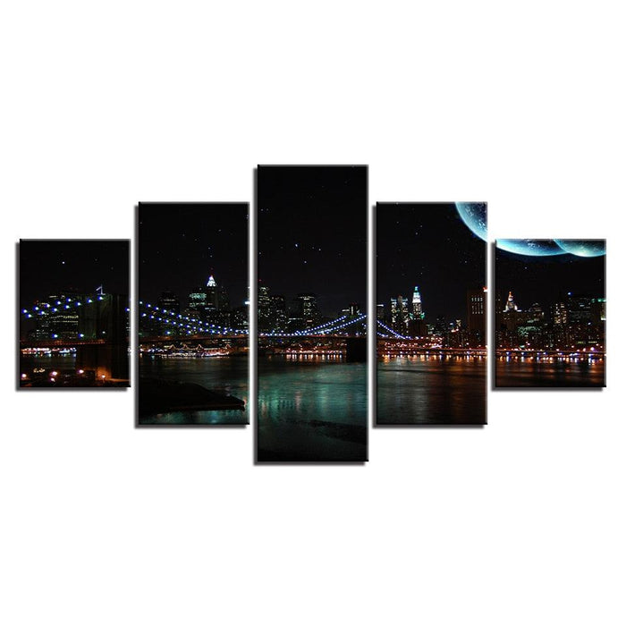 Brooklyn Bridge City Night 5 Piece HD Multi Panel Canvas Wall Art Frame - Original Frame