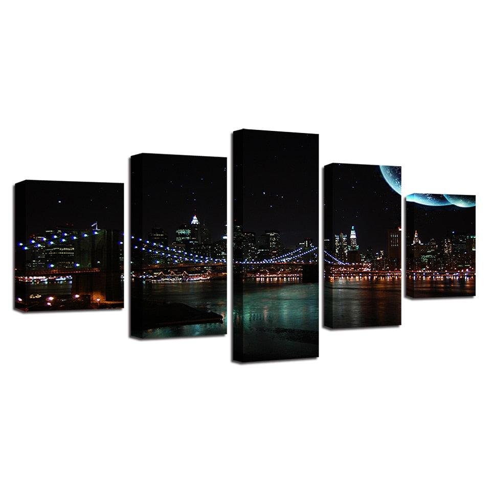 Brooklyn Bridge City Night 5 Piece HD Multi Panel Canvas Wall Art Frame - Original Frame