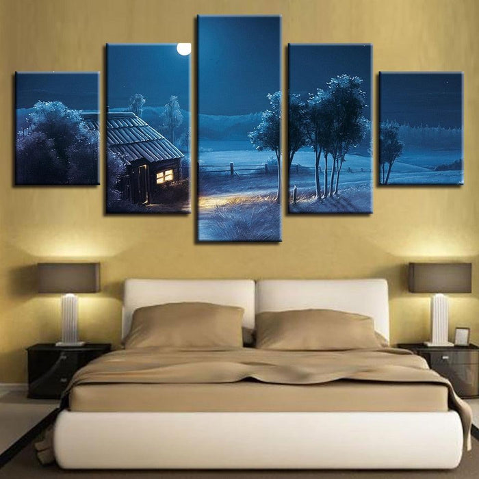 Dim Moon Night View 5 Piece HD Multi Panel Canvas Wall Art Frame - Original Frame