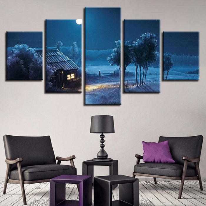 Dim Moon Night View 5 Piece HD Multi Panel Canvas Wall Art Frame - Original Frame