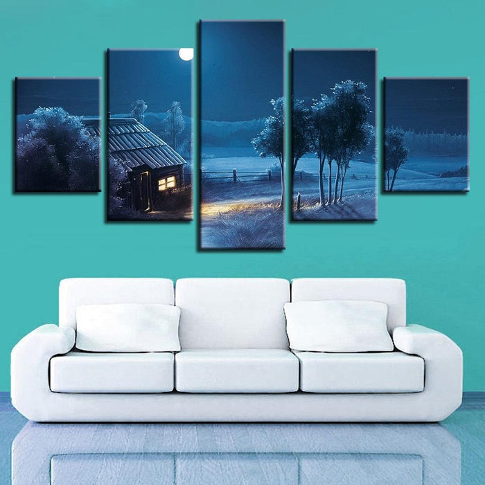 Dim Moon Night View 5 Piece HD Multi Panel Canvas Wall Art Frame - Original Frame