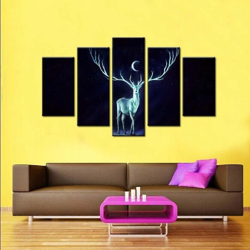 Deer At Night 5 Piece HD Multi Panel Canvas Wall Art Frame - Original Frame