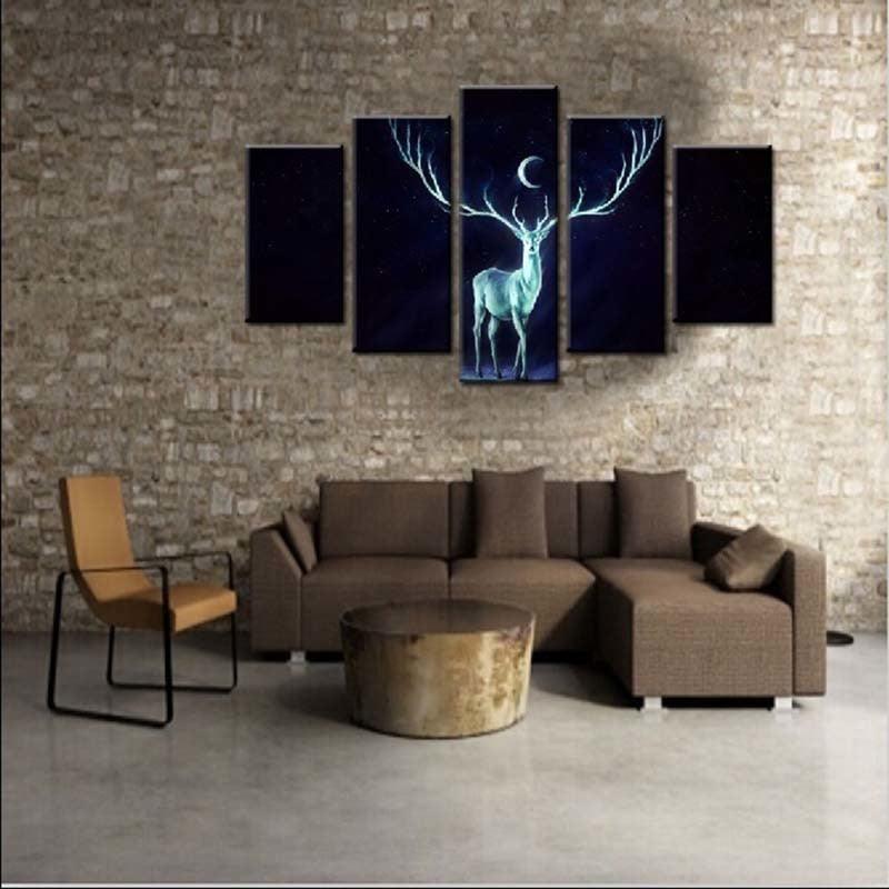 Deer At Night 5 Piece HD Multi Panel Canvas Wall Art Frame - Original Frame
