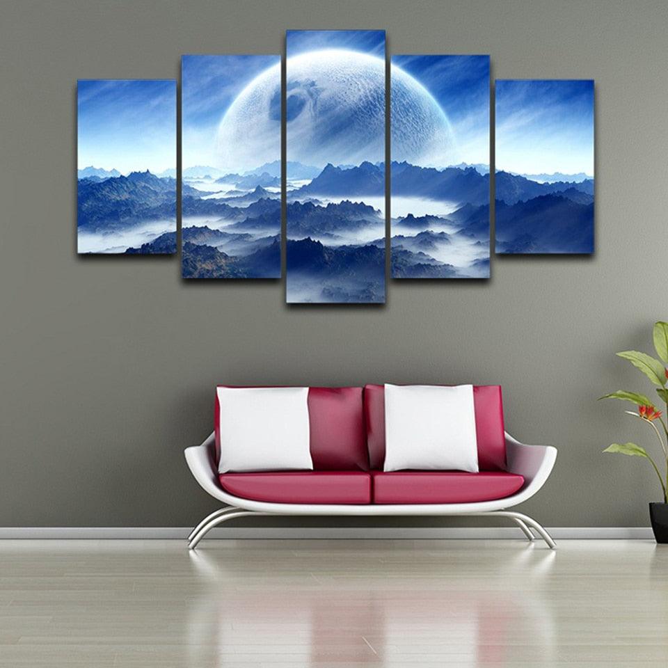 Moon Planet Space Mountains 5 Piece HD Multi Panel Canvas Wall Art Frame - Original Frame
