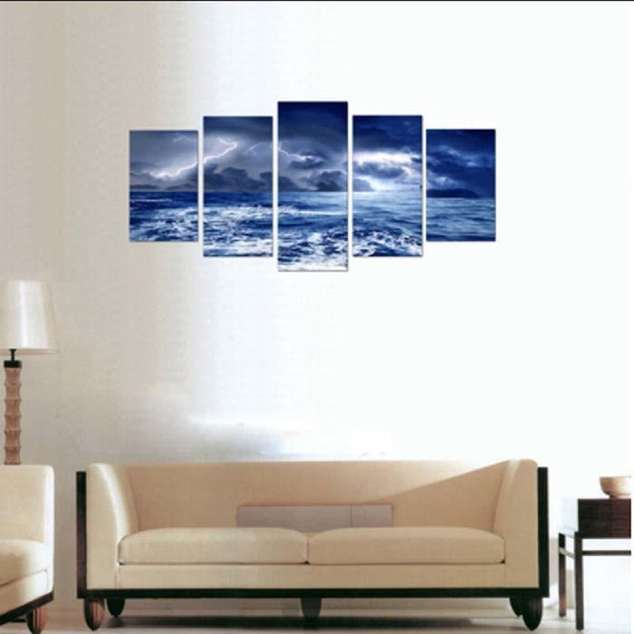 Lightning Dark Clouds 5 Piece HD Multi Panel Canvas Wall Art Frame - Original Frame