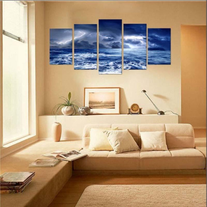 Lightning Dark Clouds 5 Piece HD Multi Panel Canvas Wall Art Frame