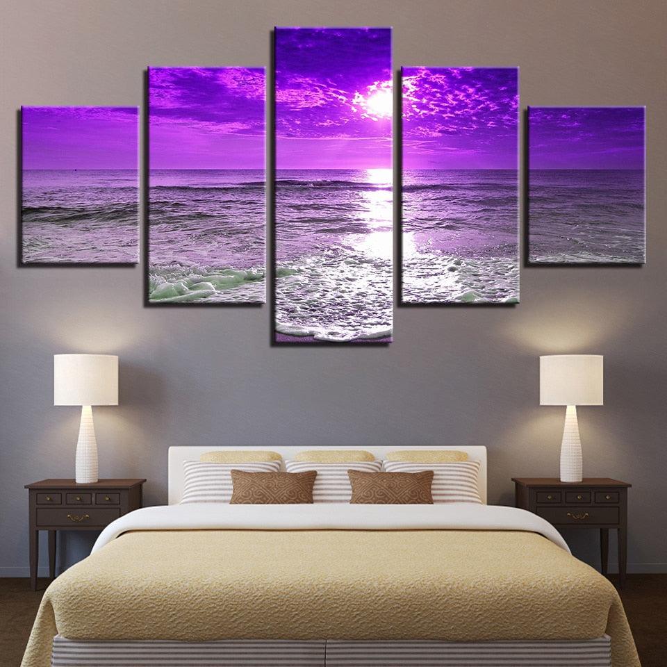 Sunset Sea Waves 5 Piece HD Multi Panel Canvas Wall Art Frame - Original Frame