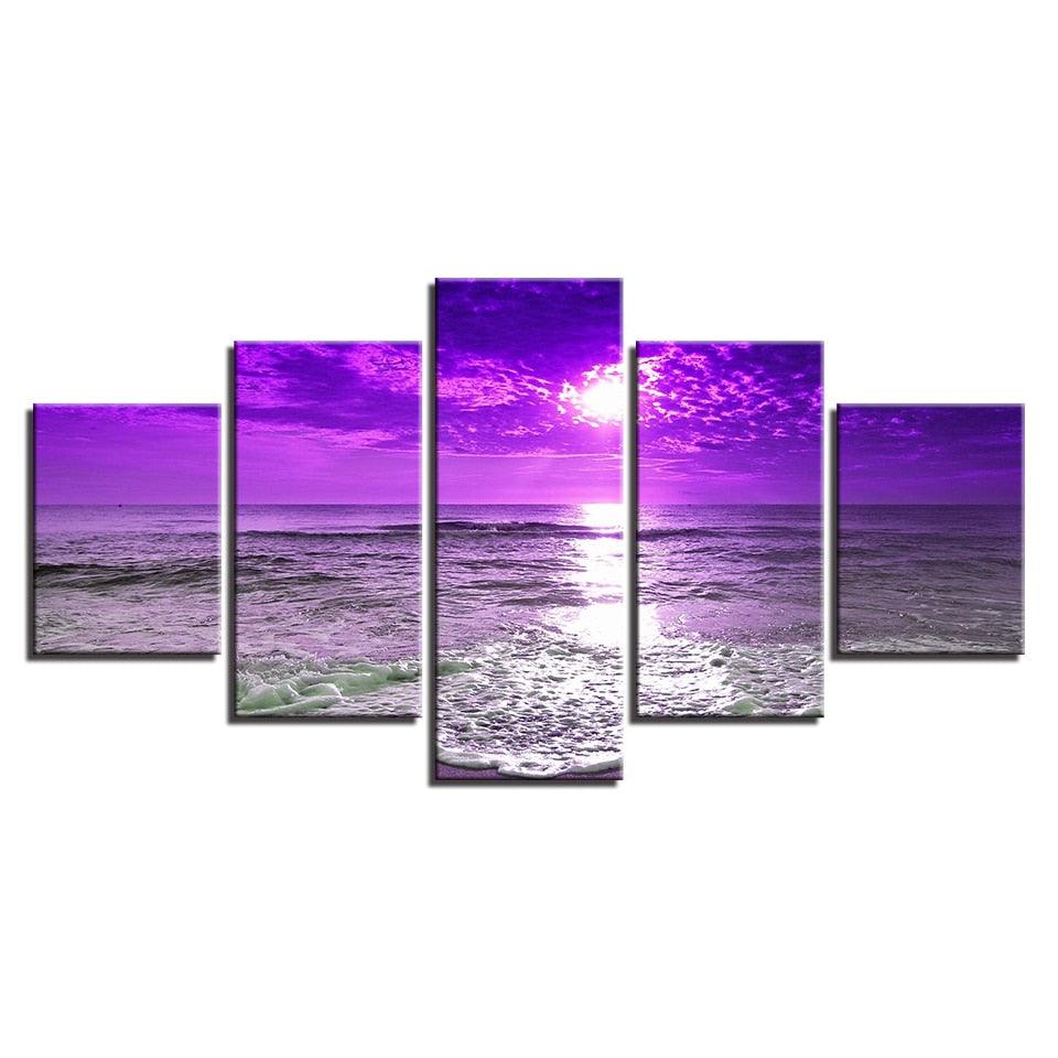 Sunset Sea Waves 5 Piece HD Multi Panel Canvas Wall Art Frame - Original Frame