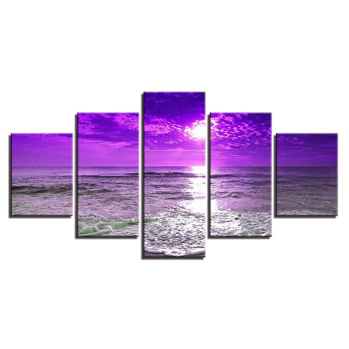 Sunset Sea Waves 5 Piece HD Multi Panel Canvas Wall Art Frame - Original Frame