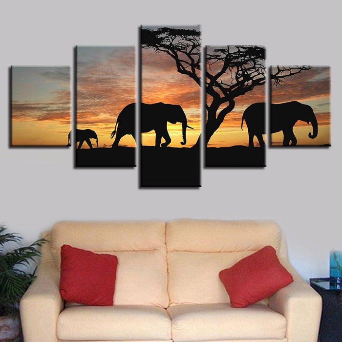 Elephants 5 Piece HD Multi Panel Canvas Wall Art Frame - Original Frame